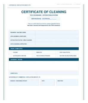 CVG certificate of cleaning example